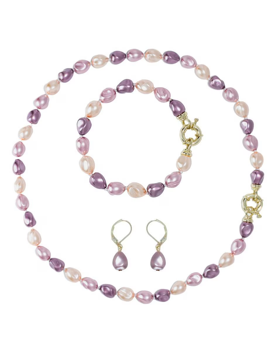 Juego Collar Aretes y Pulsera | Perlas Mallorca Piñon | Bicolor Rosa Lila 8MM