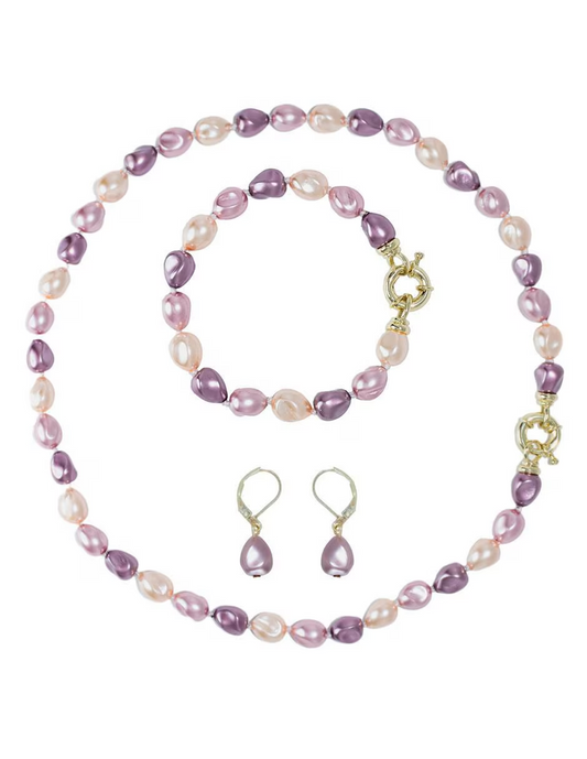 Juego Collar Aretes y Pulsera | Perlas Mallorca Piñon | Bicolor Rosa Lila 8MM