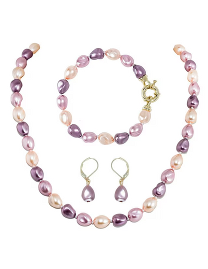 Juego Collar Aretes y Pulsera | Perlas Mallorca Piñon | Bicolor Rosa Lila 8MM
