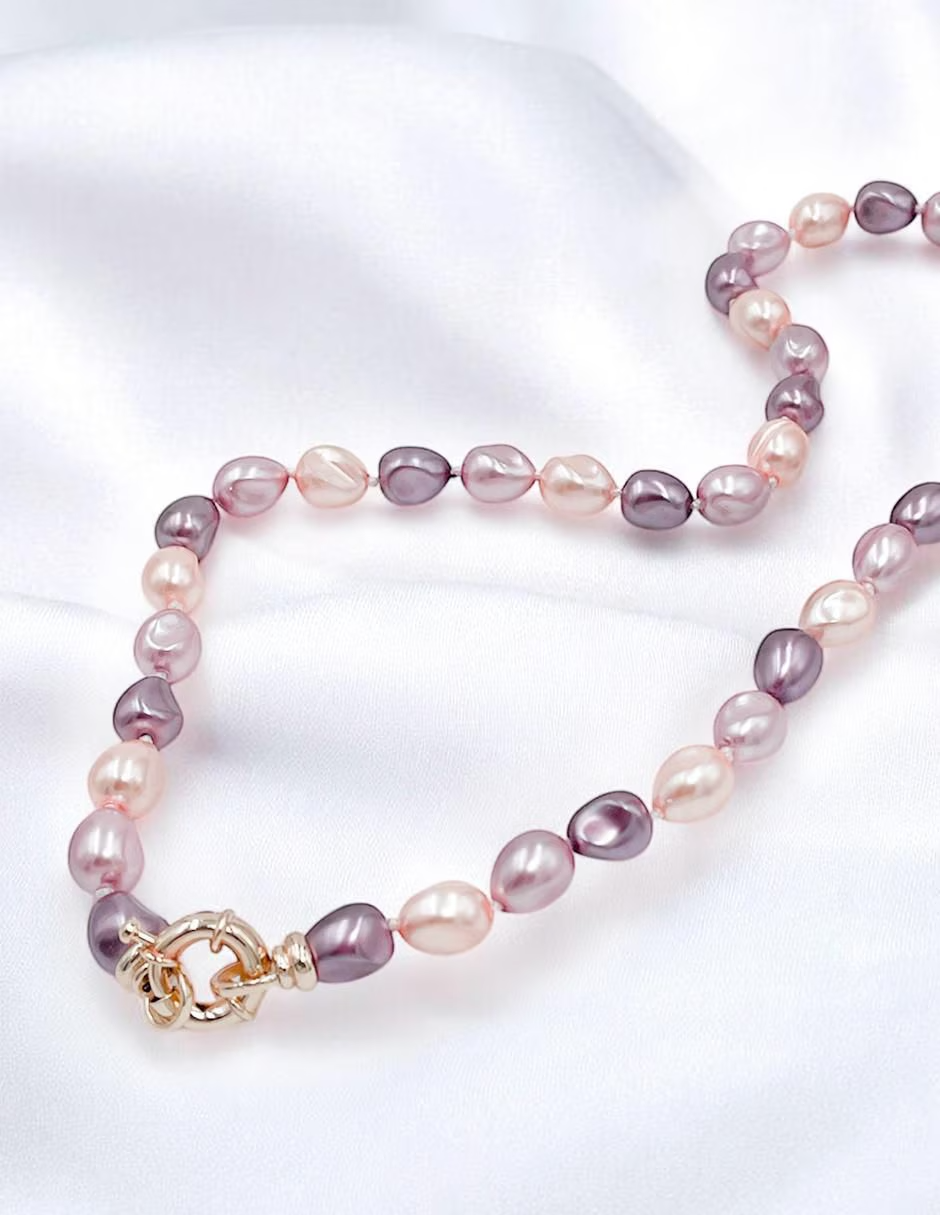 Juego Collar Aretes y Pulsera | Perlas Mallorca Piñon | Bicolor Rosa Lila 8MM