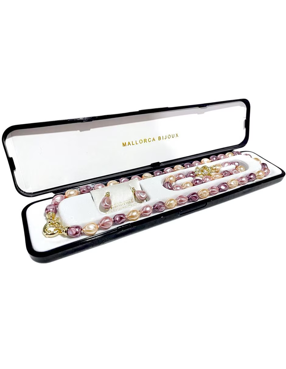 Juego Collar Aretes y Pulsera | Perlas Mallorca Piñon | Bicolor Rosa Lila 8MM