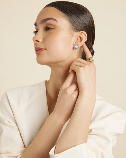 Broqueles Redondos Tipo Flor | De Perla Mallorca | Acabado Baño Rodio