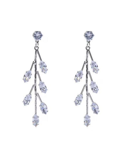 Arettes Zirconia | Largos Plateados | en Forma de Hoja