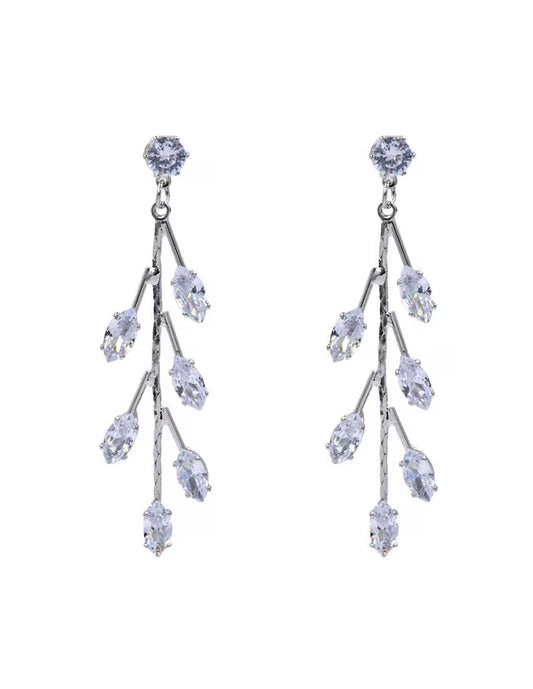 Arettes Zirconia | Largos Plateados | en Forma de Hoja