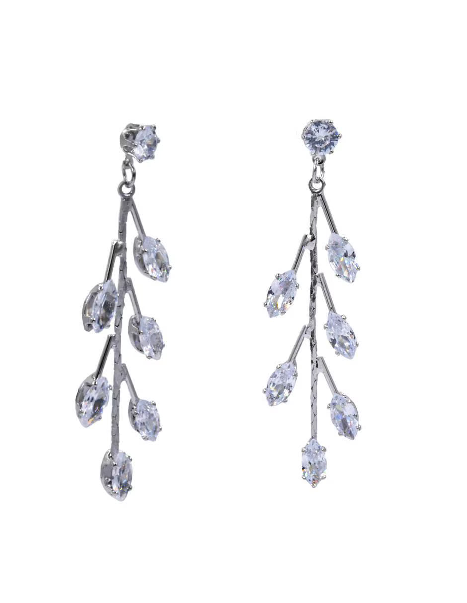 Arettes Zirconia | Largos Plateados | en Forma de Hoja