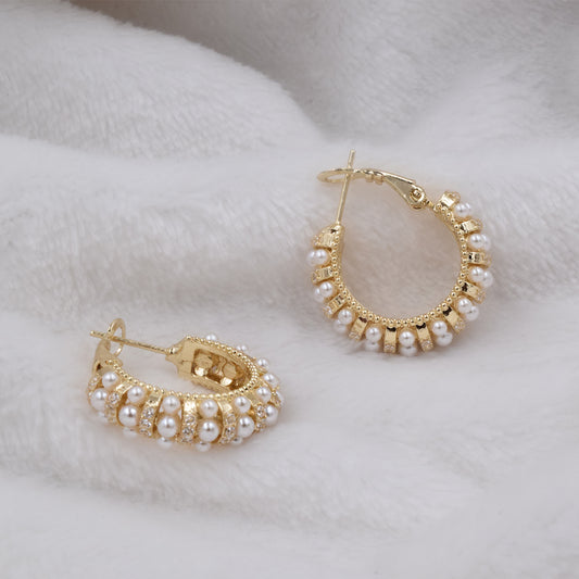 Aretes tipo Arracada Dorados | Perla Mallorca y Zirconias | Chapa de Oro