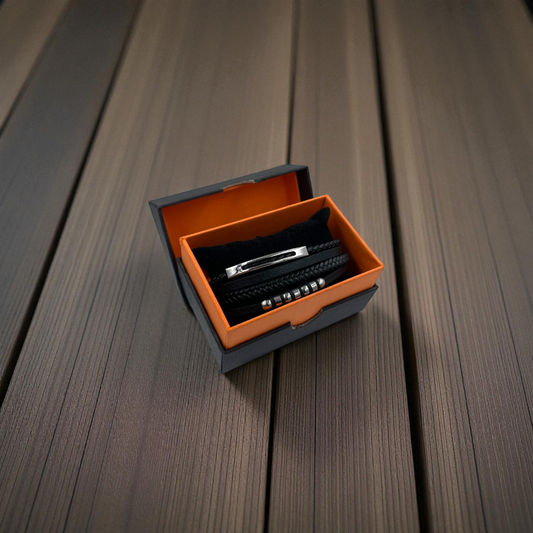 Pulsera para Caballero | Cuentas y Piel Trenzada| Negra Estilo Geométrico