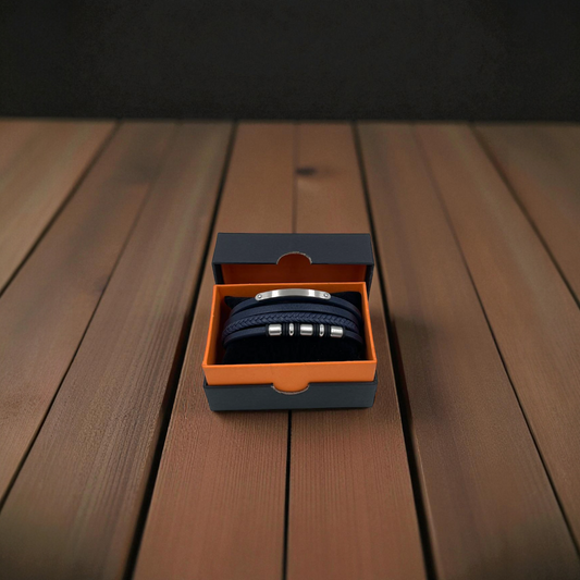 Pulsera para Caballero | Cuero Azul Marino | Cerradura Magnética | Acero Inoxidable