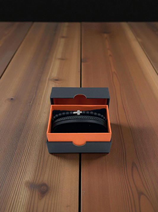 Pulsera para Caballero | Piel Trenzada y Cuentas | Cruz de Acero | Estilo Geométrico