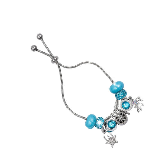 Pulsera Tipo Pandora Azul | Dijes Colgantes Plateados | Ajustable Charm Bracelet