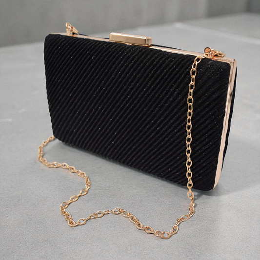 Bolso de Fiesta Arette | Clutch Elegante Negro | Cadena Dorada