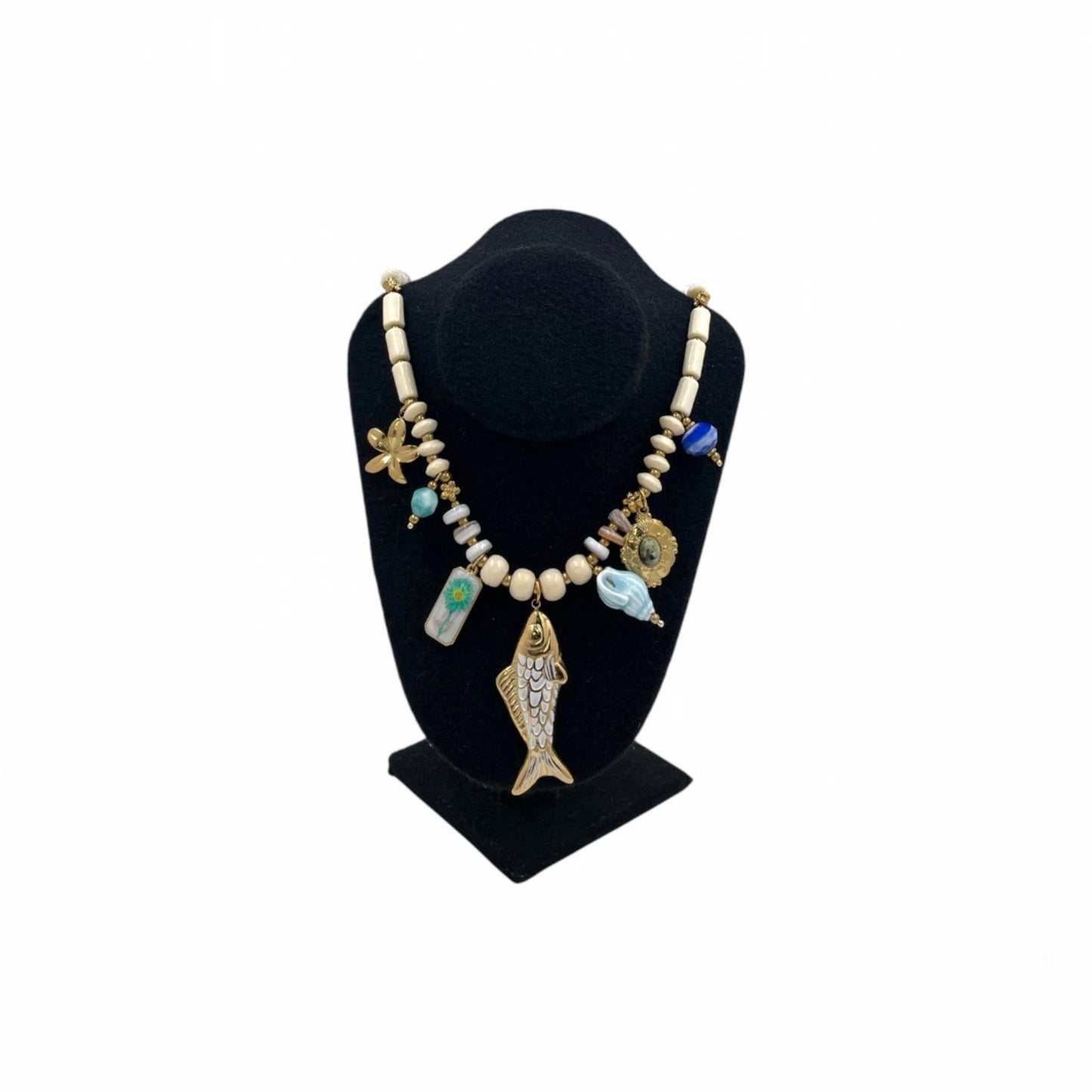 Collar Artesanal | Dijes Marinos | Piedras tipo Marmol 45 cm