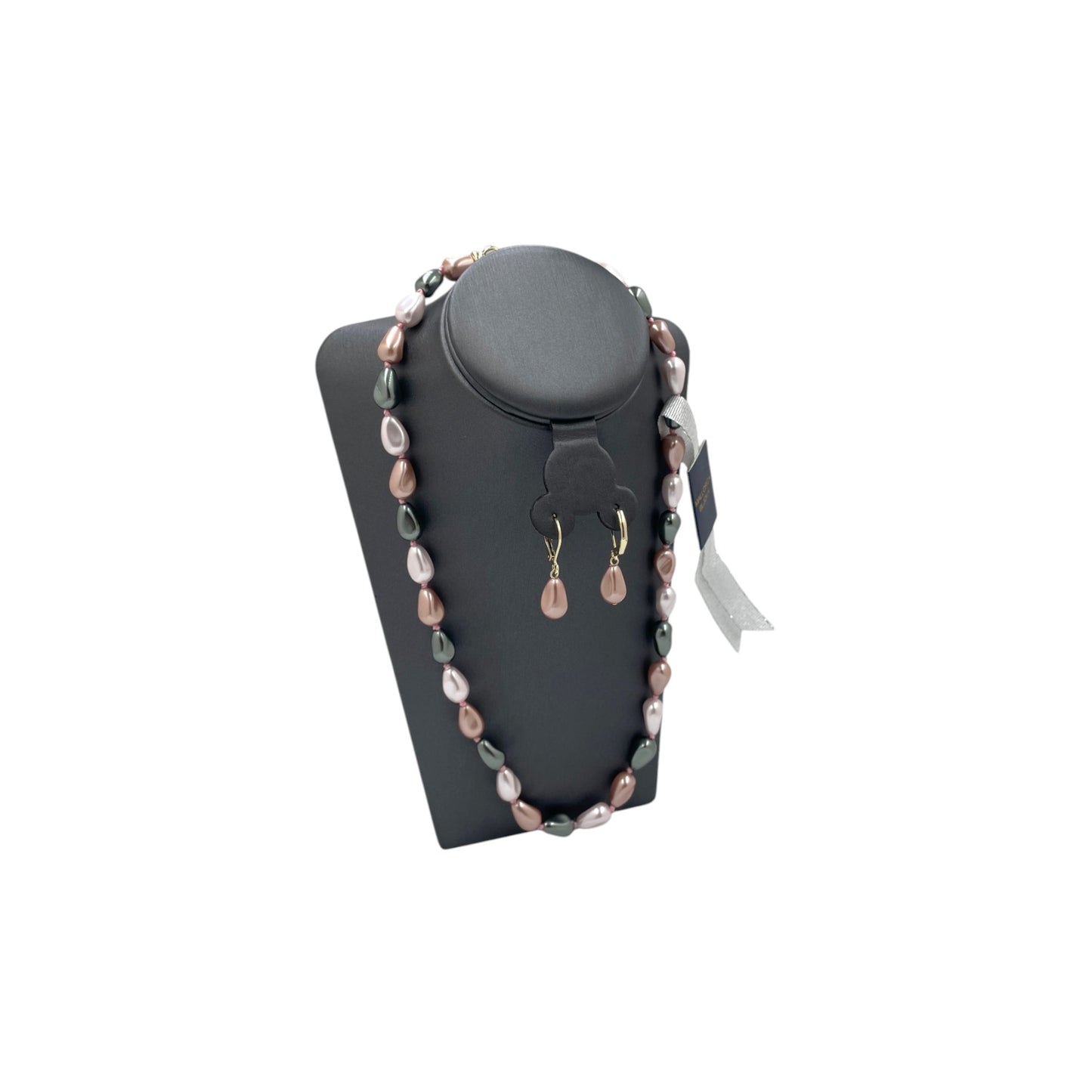 Juego Collar Aretes y Pulsera | Perlas Mallorca Bijoux Piñón | Bicolor Verde y Salmón 8MM