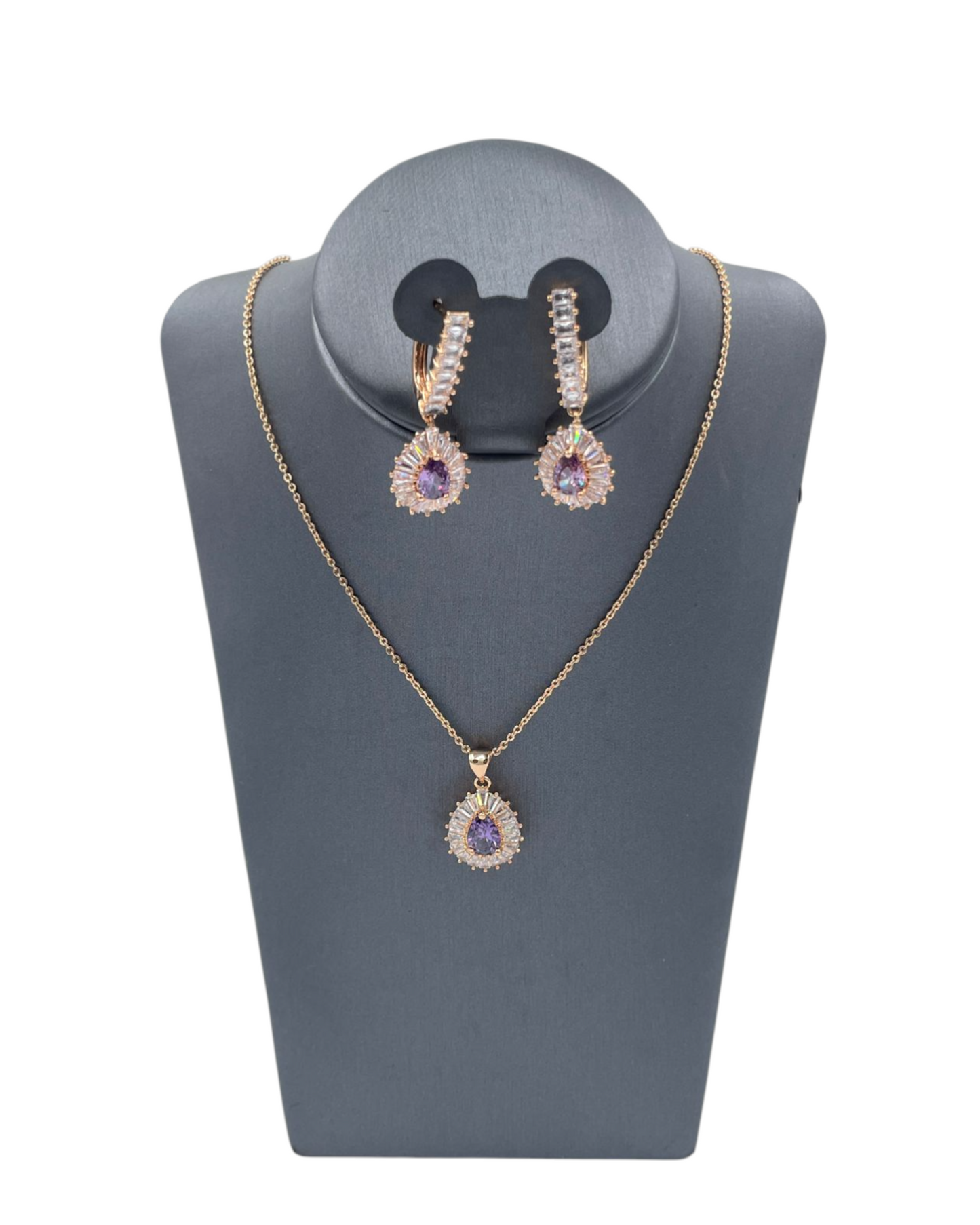Set Elegante de Zirconia | Collar y Aretes Tipo Gota| Morados con Brillo Premium