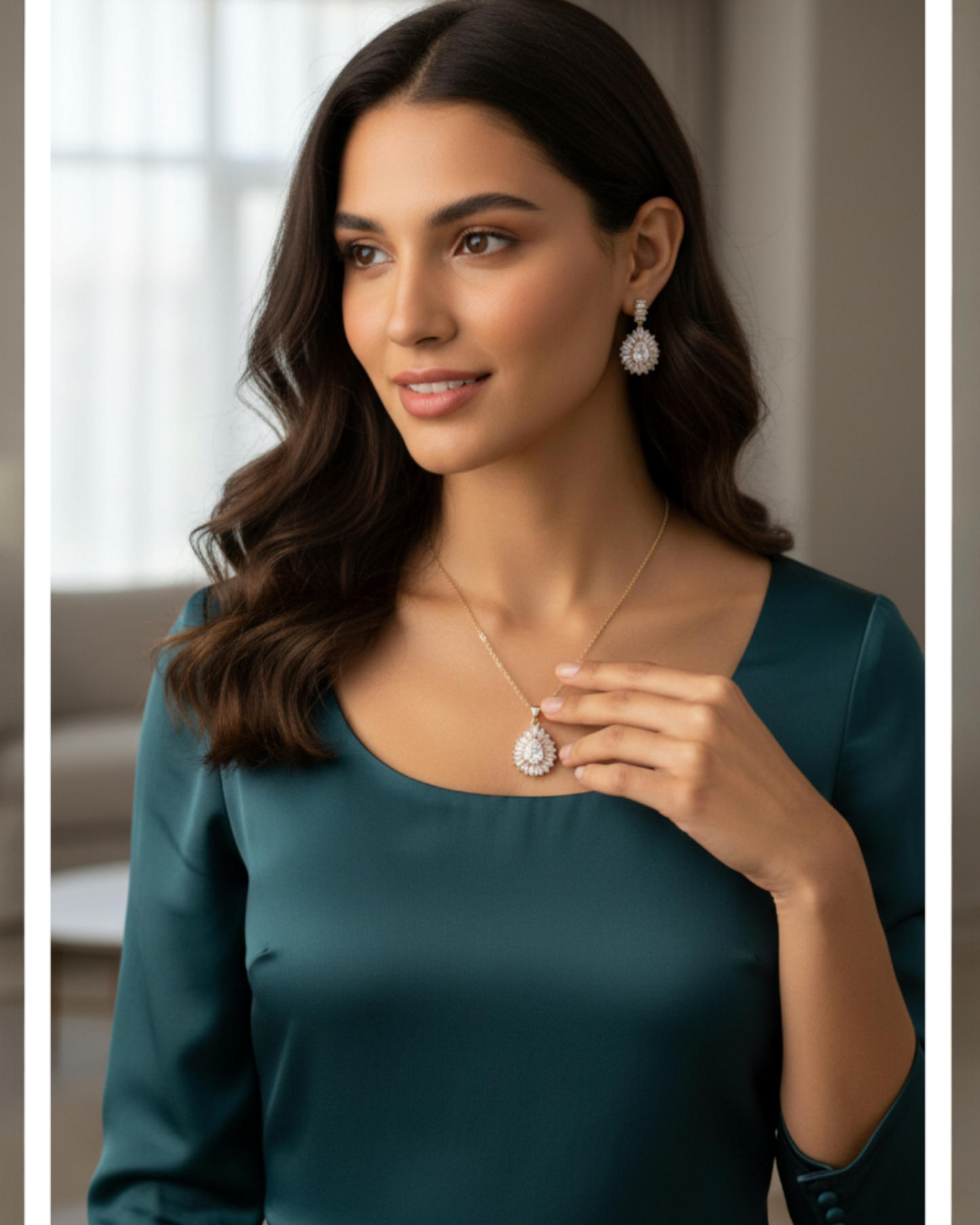 Set Elegante de Zirconia | Collar y Aretes Tipo Gota| Blanco con Brillo Premium