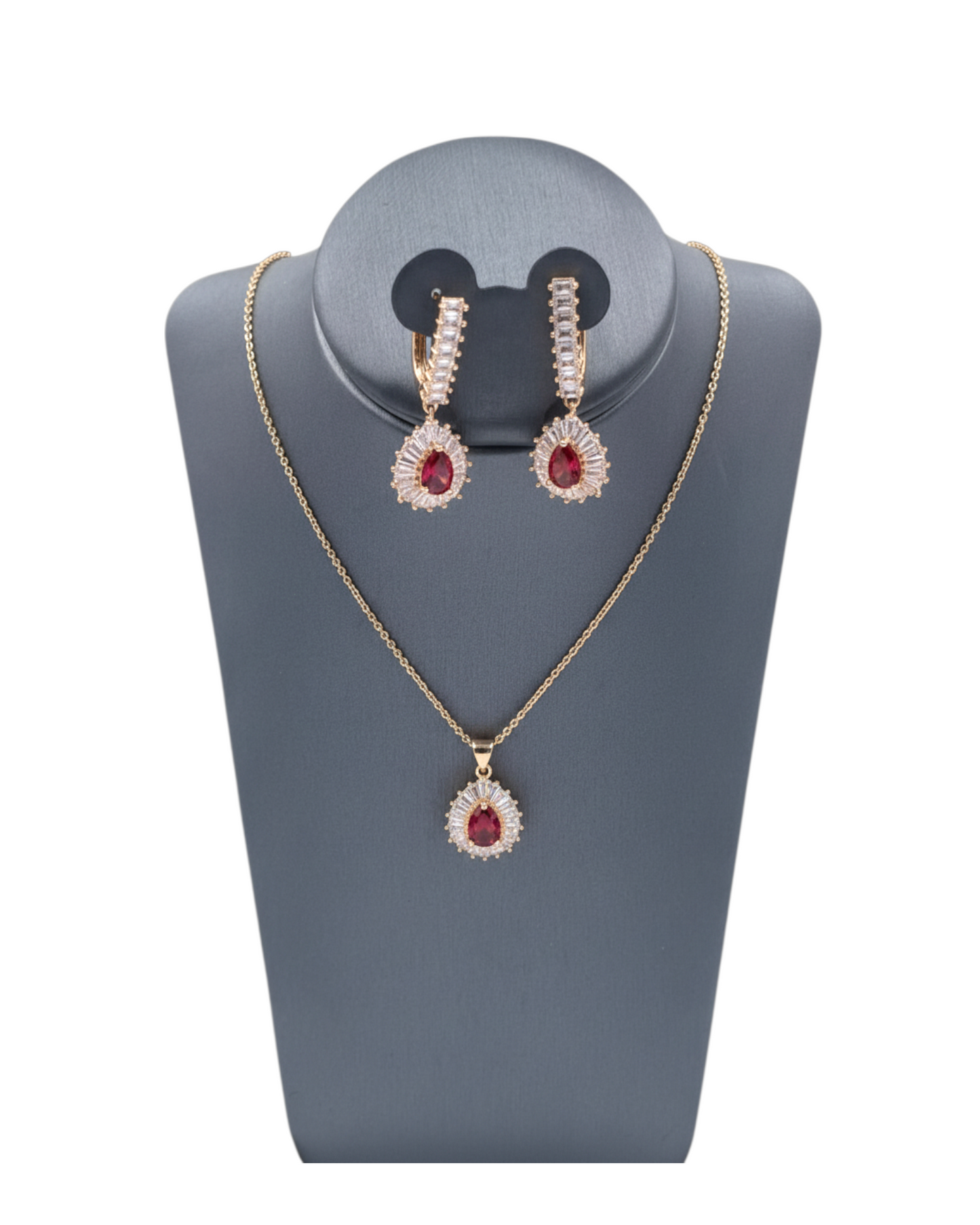 Set Elegante de Zirconia | Collar y Aretes Tipo Gota| Rojo con Brillo Premium