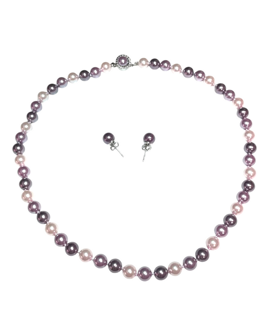 Juego Collar y Aretes | De Perlas Mallorca | Clásico Bicolor | Lila y Rosa 46cm 8MM