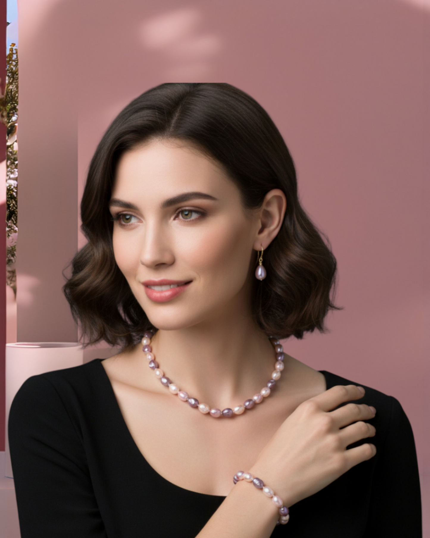 Juego Collar Aretes y Pulsera | Perlas Mallorca Piñon | Bicolor Rosa Lila 8MM